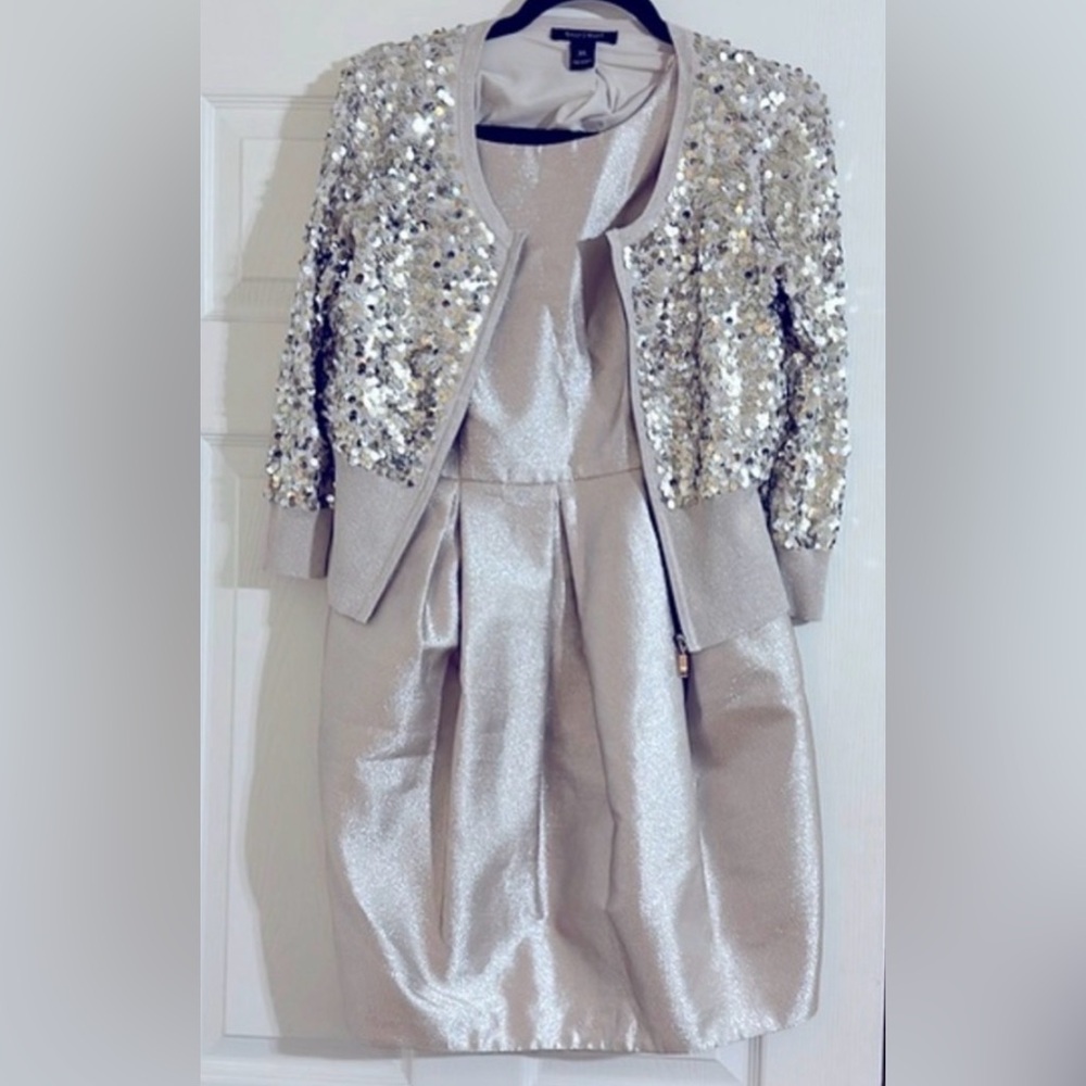 Silver Sequin Jacket & Shimmer Dress Set metallic cardigan midi dress